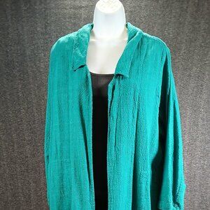 Vintage Teal Cotton Duster Robe with Tie Back – Boho Layering Piece